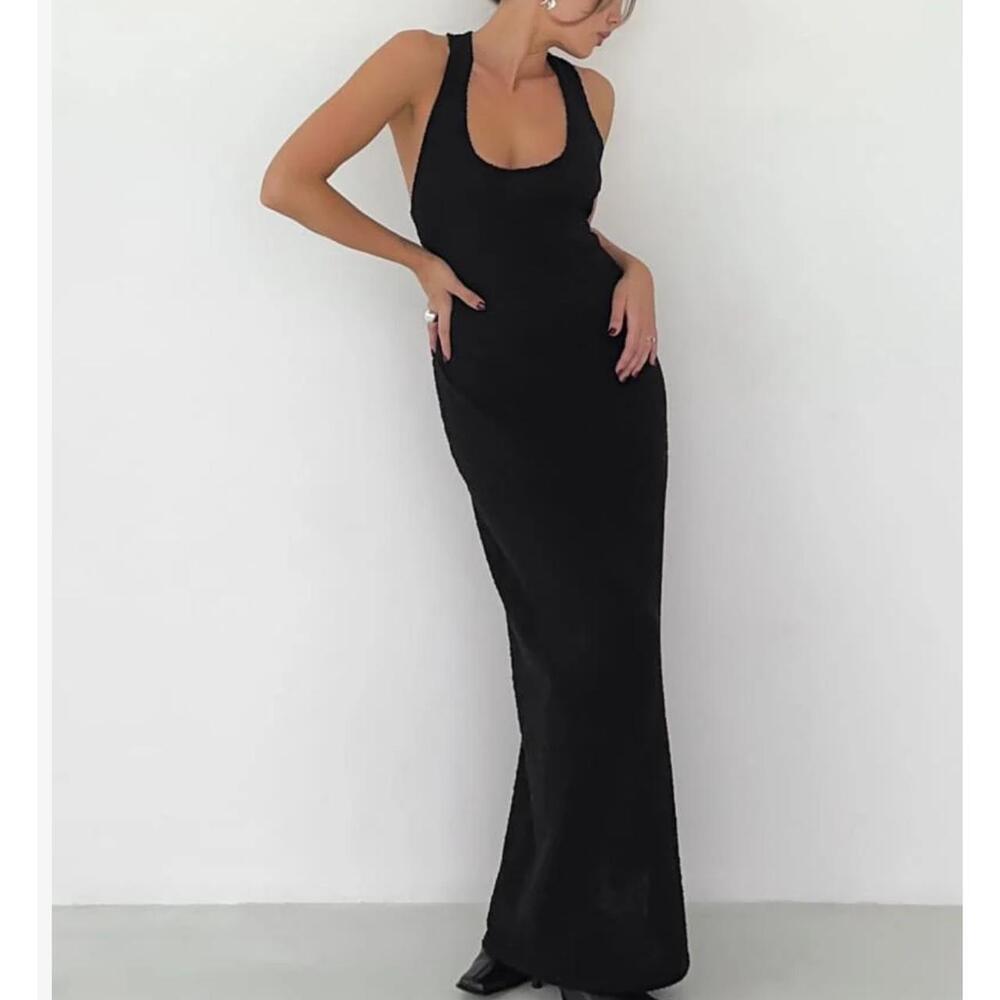 Rumored Cloud Nine Black Maxi Dress - Racerback Textured Knit Gown, Size XS